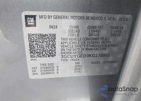 2019 Chevrolet Silverado 1500 Ltz from USA, damaged, VIN 3GCUYGED3KG178952